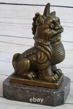 Ancienne Statue De Sculpture De Chien Foo En Bronze Violet Du Tibet Chanceux