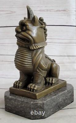 Ancienne Statue De Sculpture De Chien Foo En Bronze Violet Du Tibet Chanceux