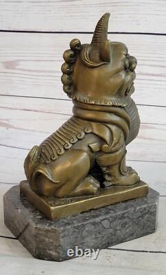 Ancienne Statue De Sculpture De Chien Foo En Bronze Violet Du Tibet Chanceux