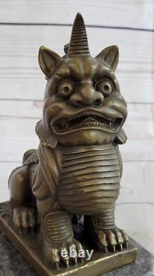 Ancienne Statue De Sculpture De Chien Foo En Bronze Violet Du Tibet Chanceux