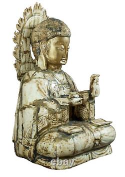 Ancienne Statue Grand Bouddha sculpté Chine Bouddhisme religion signé 56 cm