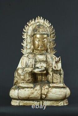 Ancienne Statue Grand Bouddha sculpté Chine Bouddhisme religion signé 56 cm