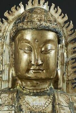 Ancienne Statue Grand Bouddha sculpté Chine Bouddhisme religion signé 56 cm