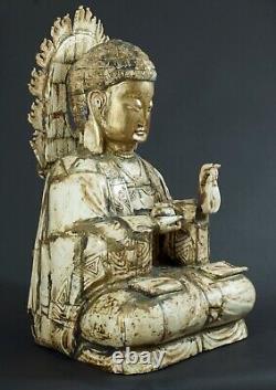 Ancienne Statue Grand Bouddha sculpté Chine Bouddhisme religion signé 56 cm