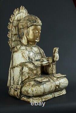 Ancienne Statue Grand Bouddha sculpté Chine Bouddhisme religion signé 56 cm