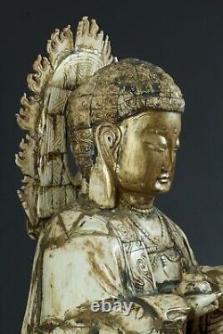 Ancienne Statue Grand Bouddha sculpté Chine Bouddhisme religion signé 56 cm