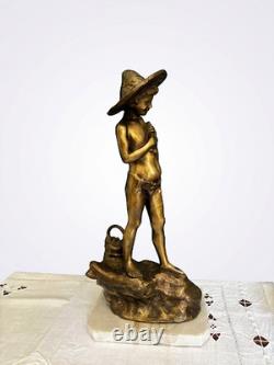 Ancienne Statue Régule Doré Pêcheur Napolitain Signé G Varlese Socle Marbre
