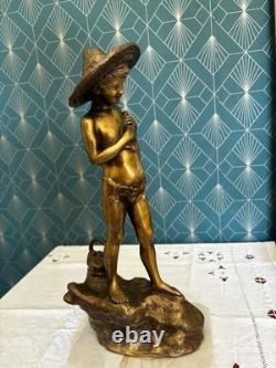 Ancienne Statue Régule Doré Pêcheur Napolitain Signé G Varlese Socle Marbre