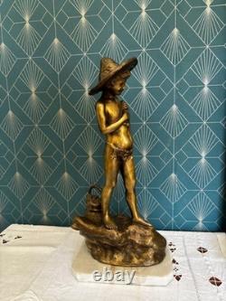Ancienne Statue Régule Doré Pêcheur Napolitain Signé G Varlese Socle Marbre