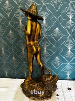 Ancienne Statue Régule Doré Pêcheur Napolitain Signé G Varlese Socle Marbre