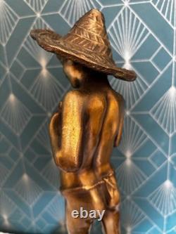Ancienne Statue Régule Doré Pêcheur Napolitain Signé G Varlese Socle Marbre