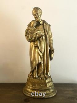 Ancienne Statue Religieuse Saint Vincent de Paul Métal Doré 2,250 Kg