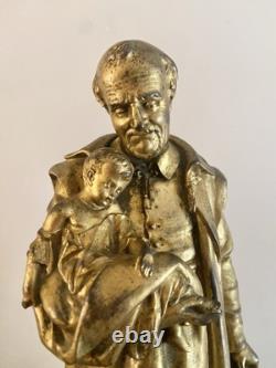 Ancienne Statue Religieuse Saint Vincent de Paul Métal Doré 2,250 Kg