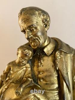 Ancienne Statue Religieuse Saint Vincent de Paul Métal Doré 2,250 Kg