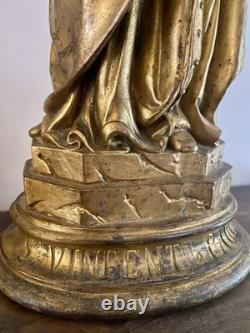 Ancienne Statue Religieuse Saint Vincent de Paul Métal Doré 2,250 Kg