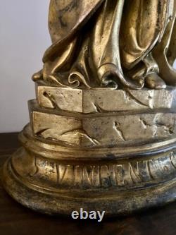 Ancienne Statue Religieuse Saint Vincent de Paul Métal Doré 2,250 Kg
