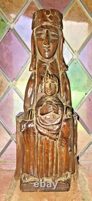 Ancienne Statue Religieuse Vierge A L'enfant En Majeste Bois XIX Art Populaire