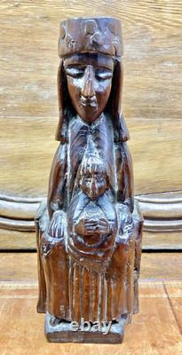Ancienne Statue Religieuse Vierge A L'enfant En Majeste Bois XIX Art Populaire