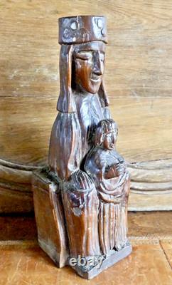 Ancienne Statue Religieuse Vierge A L'enfant En Majeste Bois XIX Art Populaire