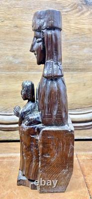 Ancienne Statue Religieuse Vierge A L'enfant En Majeste Bois XIX Art Populaire