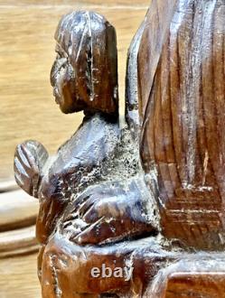 Ancienne Statue Religieuse Vierge A L'enfant En Majeste Bois XIX Art Populaire