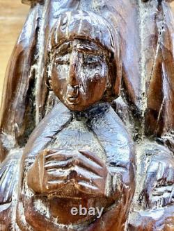 Ancienne Statue Religieuse Vierge A L'enfant En Majeste Bois XIX Art Populaire