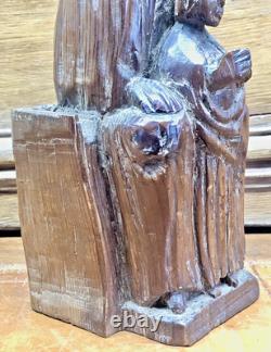 Ancienne Statue Religieuse Vierge A L'enfant En Majeste Bois XIX Art Populaire