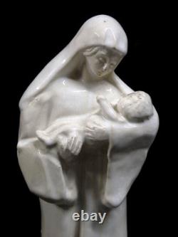Ancienne Statue Religieuse Vierge A L'enfant Terre Cuite Vernisse Craquelée