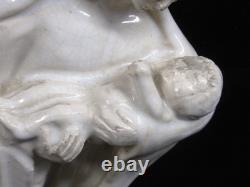 Ancienne Statue Religieuse Vierge A L'enfant Terre Cuite Vernisse Craquelée