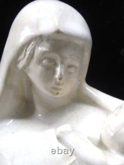 Ancienne Statue Religieuse Vierge A L'enfant Terre Cuite Vernisse Craquelée