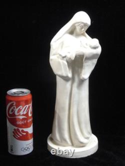Ancienne Statue Religieuse Vierge A L'enfant Terre Cuite Vernisse Craquelée