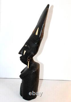 Ancienne Statue Sculpture Buste De Femme Avec Coiffe, Cote D'ivoire Art Africain