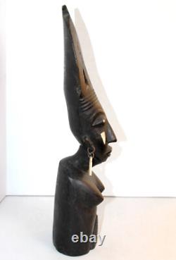 Ancienne Statue Sculpture Buste De Femme Avec Coiffe, Cote D'ivoire Art Africain