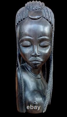 Ancienne Statue Sculpture Femme Africaine Bois Ébène Art Ethnique Afrique