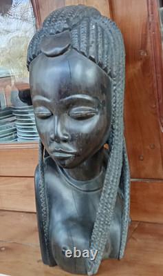 Ancienne Statue Sculpture Femme Africaine Bois Ébène Art Ethnique Afrique