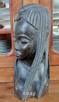 Ancienne Statue Sculpture Femme Africaine Bois Ébène Art Ethnique Afrique