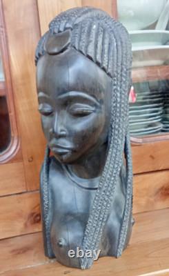 Ancienne Statue Sculpture Femme Africaine Bois Ébène Art Ethnique Afrique