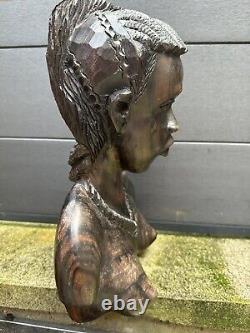 Ancienne Statue Sculpture buste de femme africaine en ébène de macassar
