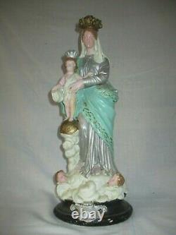 Ancienne Statuette Notre Dame Couronnee Saint Vierge Et L'enfant Polychrom