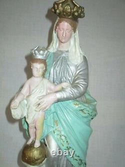 Ancienne Statuette Notre Dame Couronnee Saint Vierge Et L'enfant Polychrom