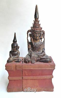 Ancienne Tête Bouddha BIRMAN bois laqué doré Birmanie début 20ème Statue Asie
