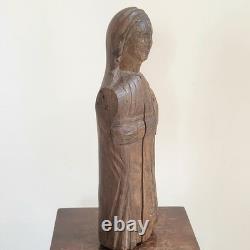 Ancienne Vierge Marie Bois Sculpté en Ronde-Bosse Traces de Polychromie 30,5 cm