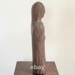 Ancienne Vierge Marie Bois Sculpté en Ronde-Bosse Traces de Polychromie 30,5 cm