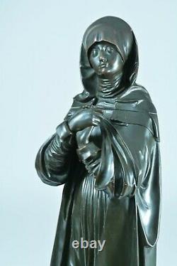 Ancienne grande statue Gothique religieuse Vierge bronze sculpture Virgin 64 cm