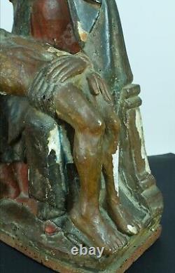 Ancienne grande statue religieuse Piéta Gothique bois sculpté polychrome XV ème