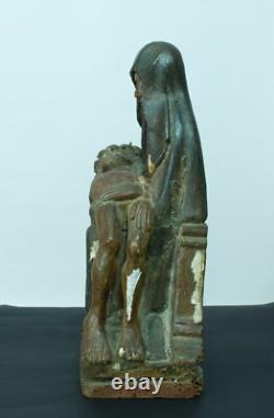 Ancienne grande statue religieuse Piéta Gothique bois sculpté polychrome XV ème