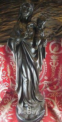Ancienne grande statue sculpture vierge marie a l enfant regule socle marbre