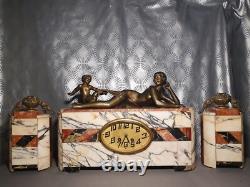 Ancienne horloge pendule art deco 1930 LIMOUSIN sculpture statue femme enfant