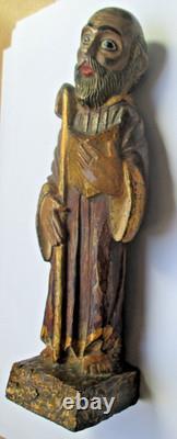 Ancienne magnifique Sculpture statuette Saint Benoit en plâtre polychrome 20 cm