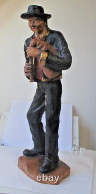 Ancienne rare sculpture statue statuette breton joueur de cornemuse polychrome